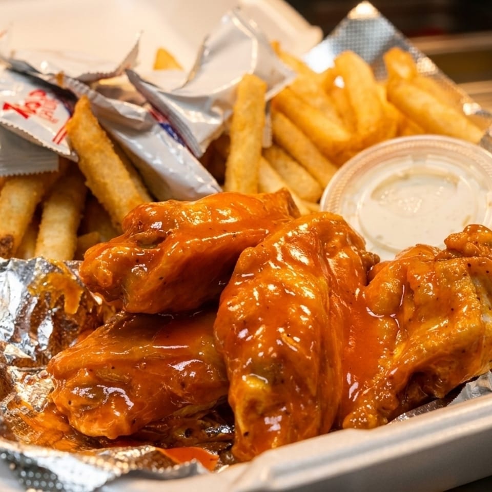 Buffalo wings with french fries, ranch dressing, and sauce packets in a styrofoam container.