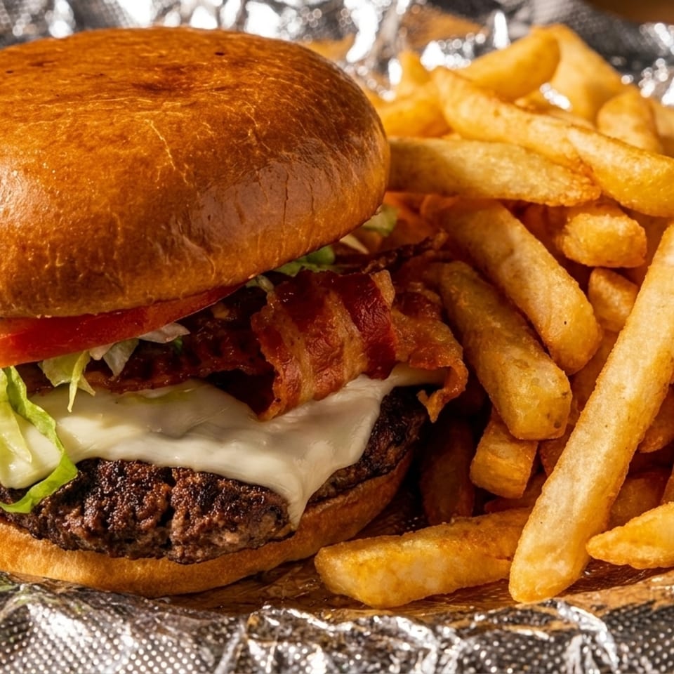 A bacon cheeseburger with lettuce, tomato, and fries served on foil.
