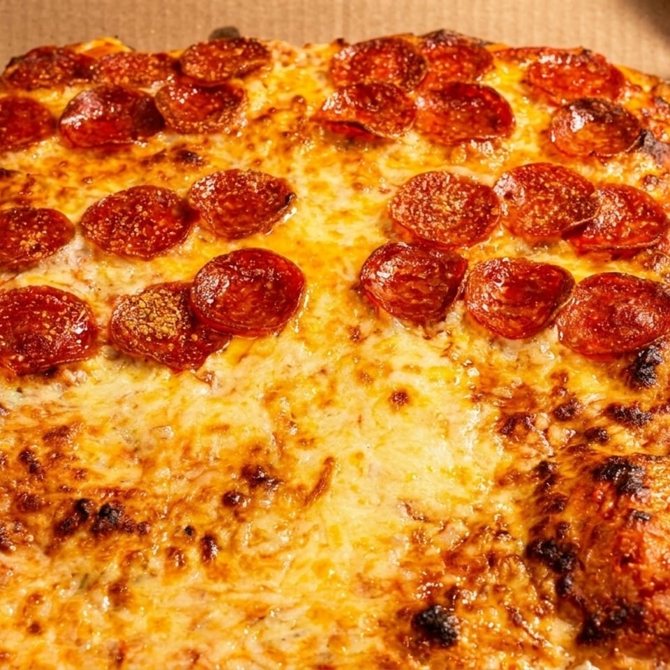 A rectangular pepperoni pizza with melted cheese and crispy crust sits in a cardboard box.