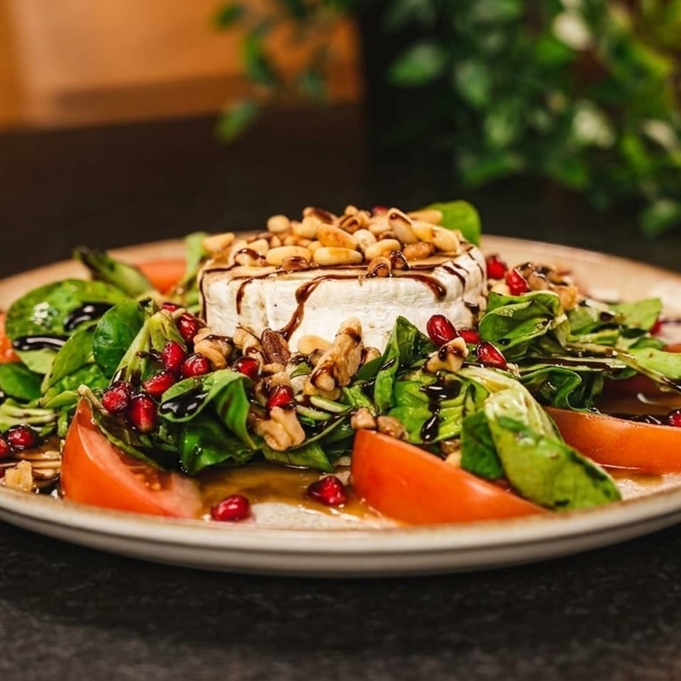 A gourmet salad with a round of baked brie, pine nuts, walnuts, pomegranate, tomatoes, and greens.