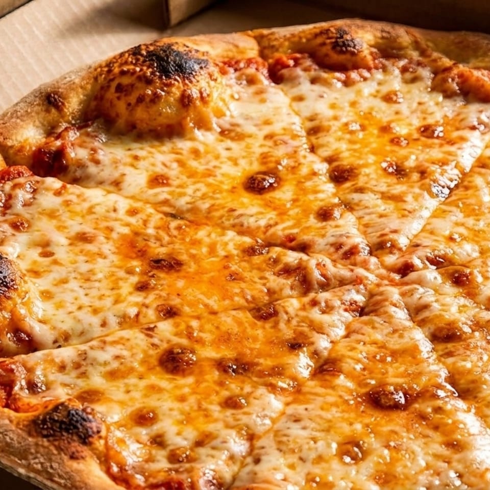 A whole cheese pizza with a golden crust, sliced and sitting in a cardboard delivery box.