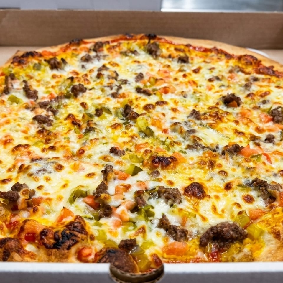 A whole pizza with melted cheese, ground meat, and colorful vegetables in a cardboard box.